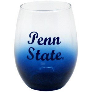 stemless wine glass script Penn State blue fade on bottom